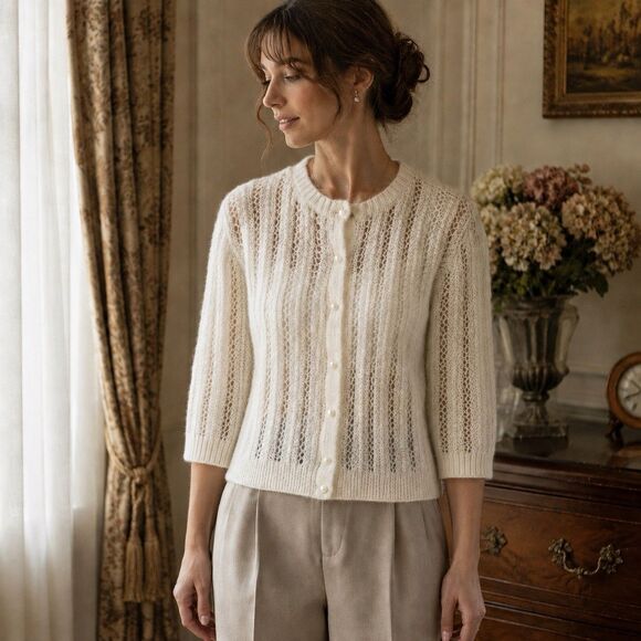 Handmade Sweaters - Vintage 50’s 60’s Mohair Wool Open Knit Cardigan Sweater Cream M